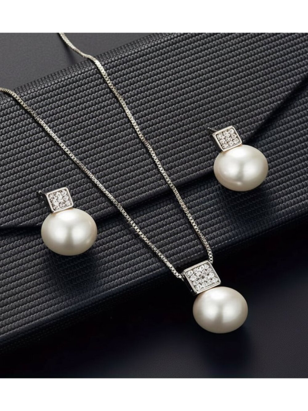 Pearl Necklace & Earrings Traditional with Modern Settings Silvery Box Chain
